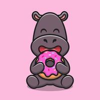 Cute hippo eating doughnut cartoon vector icon illustration