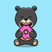 Cute sun bear eating doughnut cartoon vector icon illustration