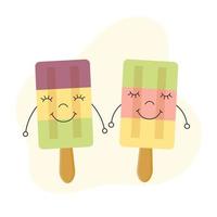 Multicolored ice cream on a stick. Fruit ice. Summer refreshing snack. Isolated vector illustration.