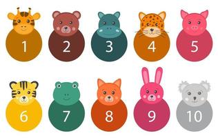 Cartoon number set for kids. Educational numbers from one to ten with funny animas. Mathematics cards for children for playing, learning to count, to put numbers. Badges for counting or math. vector