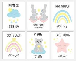 linda colección de tarjetas recién nacidas dibujadas a mano por vectores. conjunto de lindas tarjetas de baby shower que incluyen nubes, estrellas, conejito, koala en colores pastel. tarjetas de regalo, carteles de guardería e invitación. fiesta de bebe vector