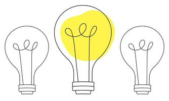 Yellow light bulb in line art simple style. Good idea symbol. Finding good decision. Decision making item. Lamp in flat modern style. Innovation, inspiration concept. vector