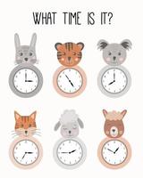 Telling time worksheet for pre school kids to identify the time. Clock faces with funny animals. Kids preschool playing, learning activity. Educational task for the development of logical thinking. vector