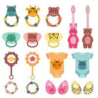 Collection of colorful baby rattles, bodysuit, toddler chewing teether, pacifier, booties, things for baby care, funny toys. Set of newborn necessary accessories for kids with cute funny animals. vector
