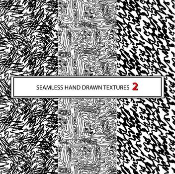 Set of three hand-drawn seamless black and white simple patterns. Dots, lines, and crosses. Backgrounds for website,  blog, social network, banner, brochure, flyer, and poster. Vector texture