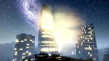 city skyscrapes at night with Milky Way stars video