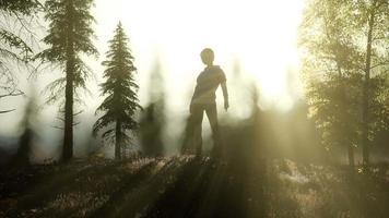 mujer joven de pie sola al aire libre con montañas de bosque salvaje video