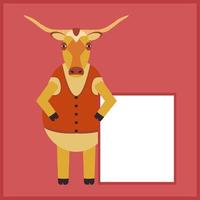 Funny bull with long horns holds a white poster for advertising. Rustic flat cartoon cow character. Longhorn in a vest. Isolated drawing of a mammal animal on a red background. vector