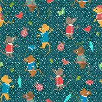 Childish seamless pattern with christmas elements. Background for the new year with a mouse, Christmas tree, Xmas balls, winter boot and hat. Vector illustration with new year celebration Icons