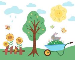 paisaje de verano, árbol, sol, flores y conejo. ilustración para impresión, fondos, cubiertas, empaques, tarjetas de felicitación, carteles, pegatinas, textiles y diseño de temporada. vector