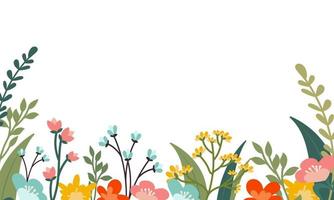 Plants minimalist vector banner. Hand drawn floral, grass, branches, leaves on a white background. Green simple horizontal pattern. Simple flat style. All elements are isolated and editable