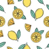 hermoso y colorido estilo de frutas de verano amarillas y hojas con líneas negras, vector de patrones sin fisuras. diseño para moda, tela, textiles, papel pintado, portada, web, embalaje y todas las impresiones