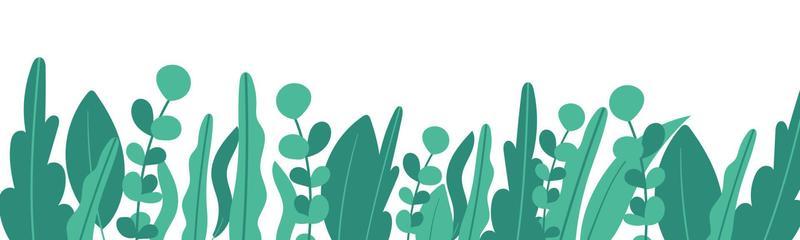 Plants minimalist vector banner. Hand drawn floral, grass, branches, leaves on a white background. Green simple horizontal pattern. Simple flat style. All elements are isolated and editable