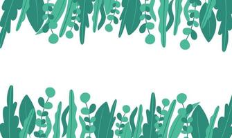 Plants minimalist vector banner. Hand drawn floral, grass, branches, leaves on a white background. Green simple horizontal pattern. Simple flat style. All elements are isolated and editable