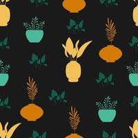 Seamless floral vector pattern. Plants in boho pots in earth flowers. For printing posters, covers, postcards, prints on clothes, banners, maps, minimal botanical textile decor in a rustic style.