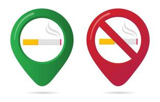 No smoking and smoking area marker map pin icon sign set with flat design gradient styled cigarette in the forbidden red circle. Symbol of the smoking area in the map apps isolated on white background vector