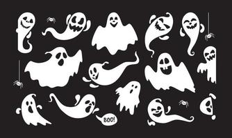 lindo fantasma vacaciones personajes estilo plano diseño vector ilustración conjunto aislado sobre fondo oscuro.