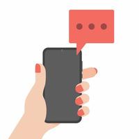 Hand holding black mobile phone with chat bubbles on the screen isolated on background vector