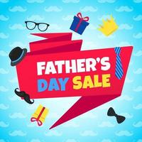 Father's day sale concept template flat style design vector illustration with big ribbon, text typography, gift boxes, hat, golden crown, mustaches, tie bow eye glasses and funny background.