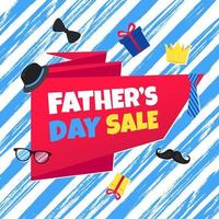 Father's day sale concept template flat style design vector illustration with big ribbon, text typography, gift boxes, hat, golden crown, mustaches, tie bow eye glasses and funny background.