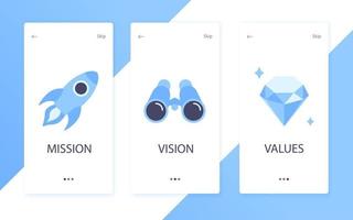 Mission, vision and values flat style design icons signs web concepts vector illustration set.