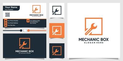 Mechanic logo with square box outline style and business card design template Premium Vector