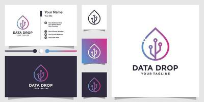 Drop data logo with line art style and business card design Premium Vector