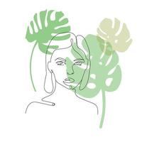 Continuous line abstract woman girl porter on white background with green monstera leaves.Modern design vector illustration, outline trending style design.