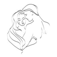 Romantic illustration with hugging young couple in love, Minimal art illustration. Man kissing a woman. Valentine's Day cards or as illustration for posts. Vector line art woman and man