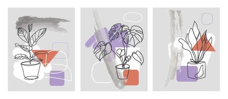 Modern set of abstract contemporary aesthetic backgrounds with geometric balance shapes and houseplants . Potted plants in outline style hand drawn.Trendy modern art poster prints.Vector illustration vector