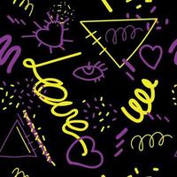 Seamless doodle pattern with lettering love,geometric shapes dots,eye,hearts and triangles in purple and yellow,hand drawn.Abstract seamless modern background.Psychedelic pattern,wallpaper vector