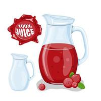 Juice with cranberry in a glass jug, vector cartoon card with fresh berries and smothie isolated on white. Red juice splashes drops.