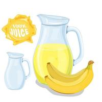 conjunto vectorial de jugo de plátano fresco natural en el banco y plátanos aislados en blanco en estilo de dibujos animados. vector