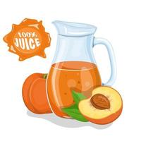 Glass jug with natural juice. Ripe peach. Juice frame. Vector illustration.