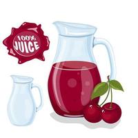 Glass jug with natural juice. Ripe cherry . Juice frame. Vector illustration.