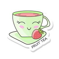 alegre pegatina kawaii kawaii aislada sobre fondo blanco. delicioso té de frutas. beber té dulce. vector de acciones