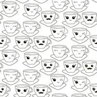 Vector seamless pattern with hand drawn kawaii cup. Black contour on a white background.