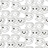 Vector seamless pattern with hand drawn kawaii cup. Black contour on a white background.