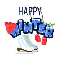 Words Hello winter covered with layers of snow ice. Standing next to the skates. The text is decorated with green twigs, a red cap with mittens. Stock vector. Text in cartoon style. vector