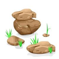 Vector illustration of a set of separated cartoon boulders, stones and stones of various shapes, with blades of grass, to fill the natural landscapes and scenes of the game interface. Stock vector.