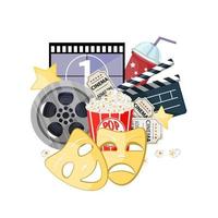 Movie time vector illustration. Cinema poster concept on red round background. Composition with popcorn, clapperboard, 3d glasses and filmstrip. Cinema banner design for movie theater.