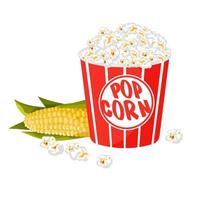 Popcorn in a striped tub on white background vector