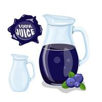 Glass jug with natural juice. Ripe blueberries . Juice frame. Vector illustration.