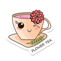 Cheerful kawaii kawaii sticker isolated on white background. Delicious flower tea. Sweet tea. Stock vector. vector