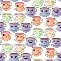 patrón vectorial sin costuras con taza kawaii dibujada a mano. divertidas tazas kawaii sobre un fondo blanco. vector