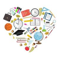 Set of heart shaped school supplies illustration. vector