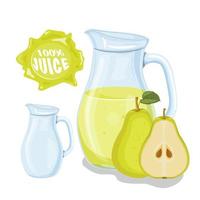 Glass jug with natural juice. Ripe pear . Juice frame. Vector illustration.