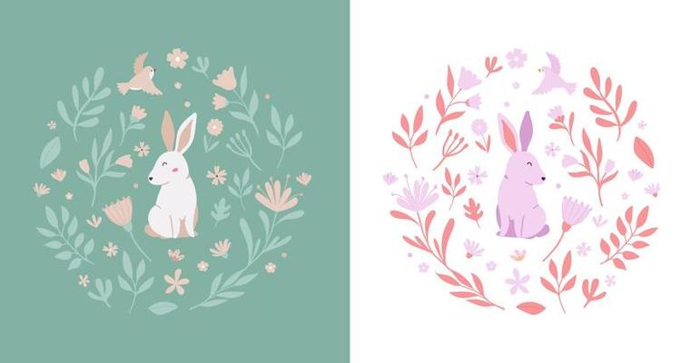 Cute bunny design with bird, flowers, leaves and festive elements for invitation card, poster, postcard and present. Vector illustration