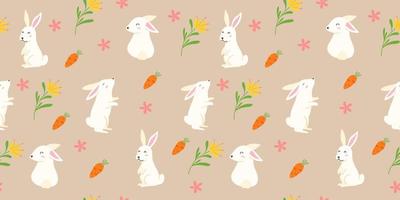 Happy Easter seamless pattern. Lovely hand drawn bunnies, eggs, flowers and cute element for banner, wallpaper or wrapping. Vector illustration