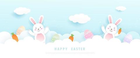 feliz pascua con lindo conejito o conejo, huevos de pascua, zanahoria y elementos festivos en el cielo azul en estilo de corte de papel. ilustración vectorial vector